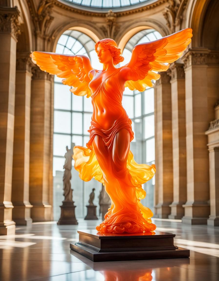 The Winged Victory of Samothrace represented as an orange yummy jelly sculpture