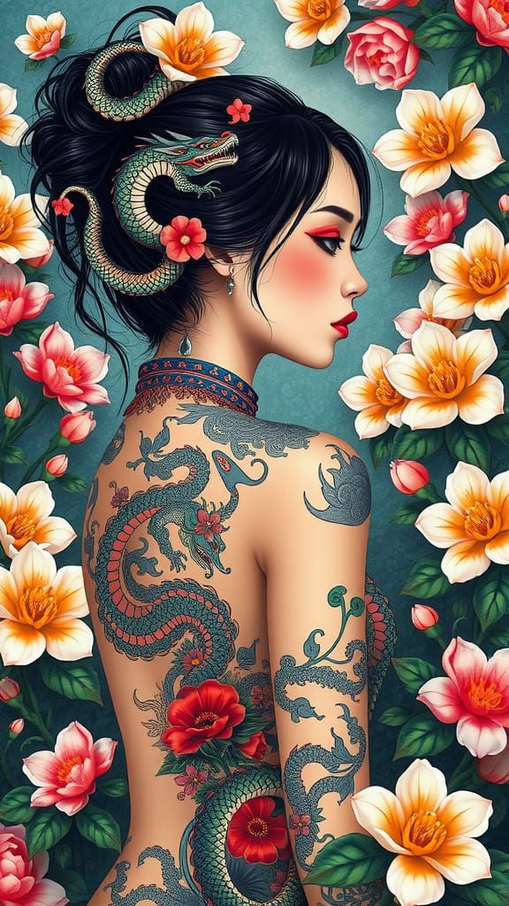 Asian Tattoo Girl in a Magical Blossom World