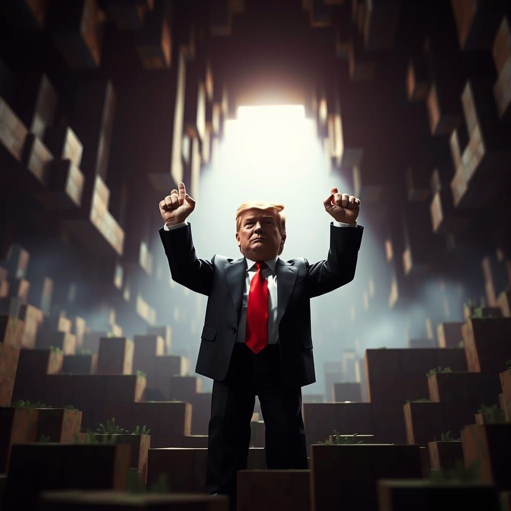 Victorious Trump in Minecraft World: Cinematic Digital Art