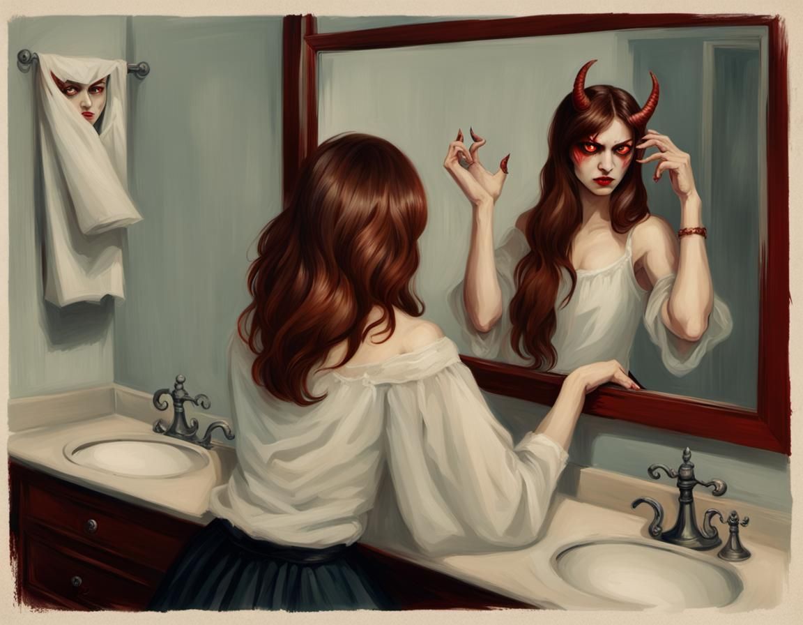 Woman and Demonic Reflection in Gothic Art Style