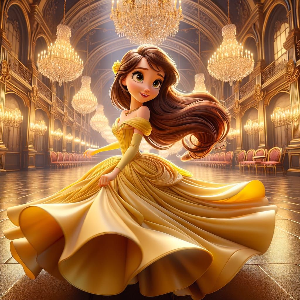 Cartoon Princess Belle Dancing in Grand Ballroom