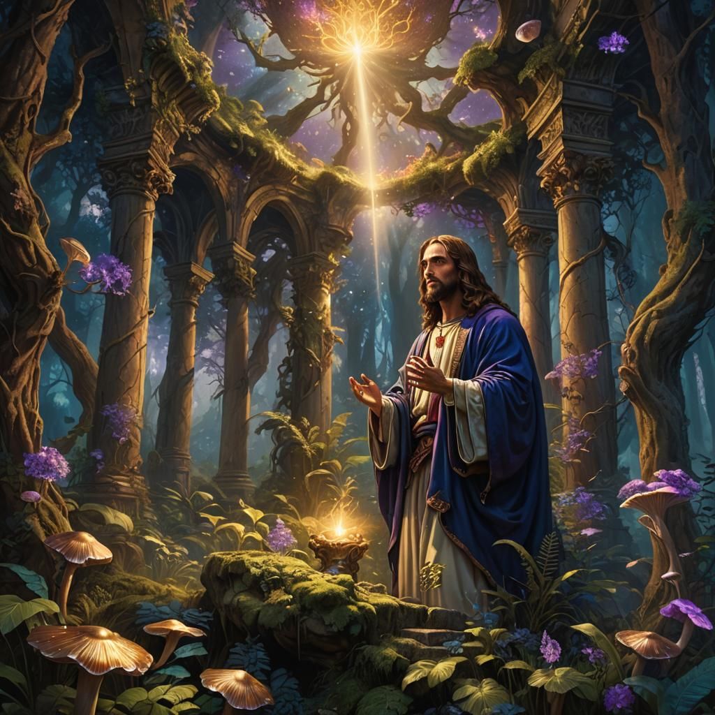Jesus Christ in Mystical Forest: Renaissance Digital Art