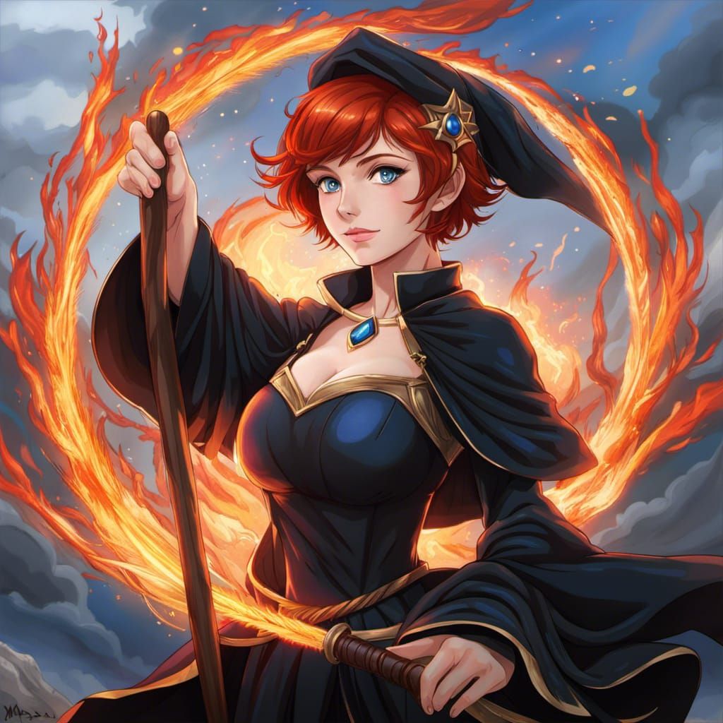 Wizard Woman with Fire Energy, Anime Manga Portrait