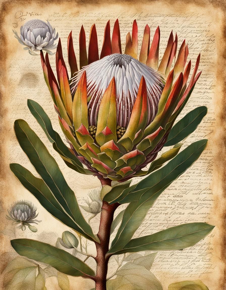 Botanical Drawing of Protea Cynaroides on Old Paper