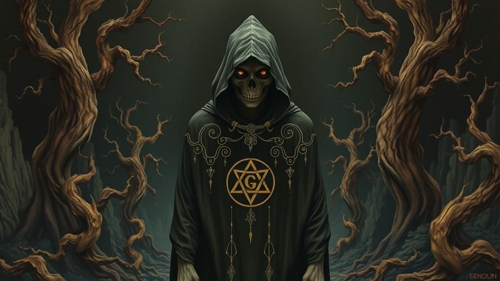 Mysterious Hooded Figure in Dark Surreal Dreamscape