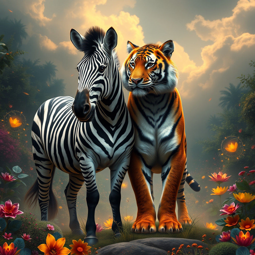 Zebra and Tiger in Mystical Dreamscape, Digital Matte Painti...