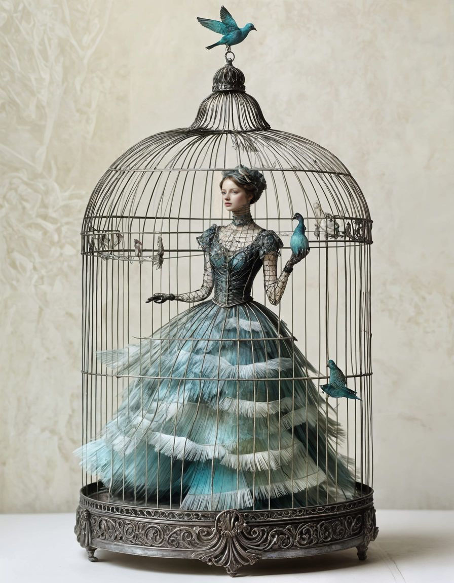 Ethereal Birdcage Portrait with Pigeon Feathers