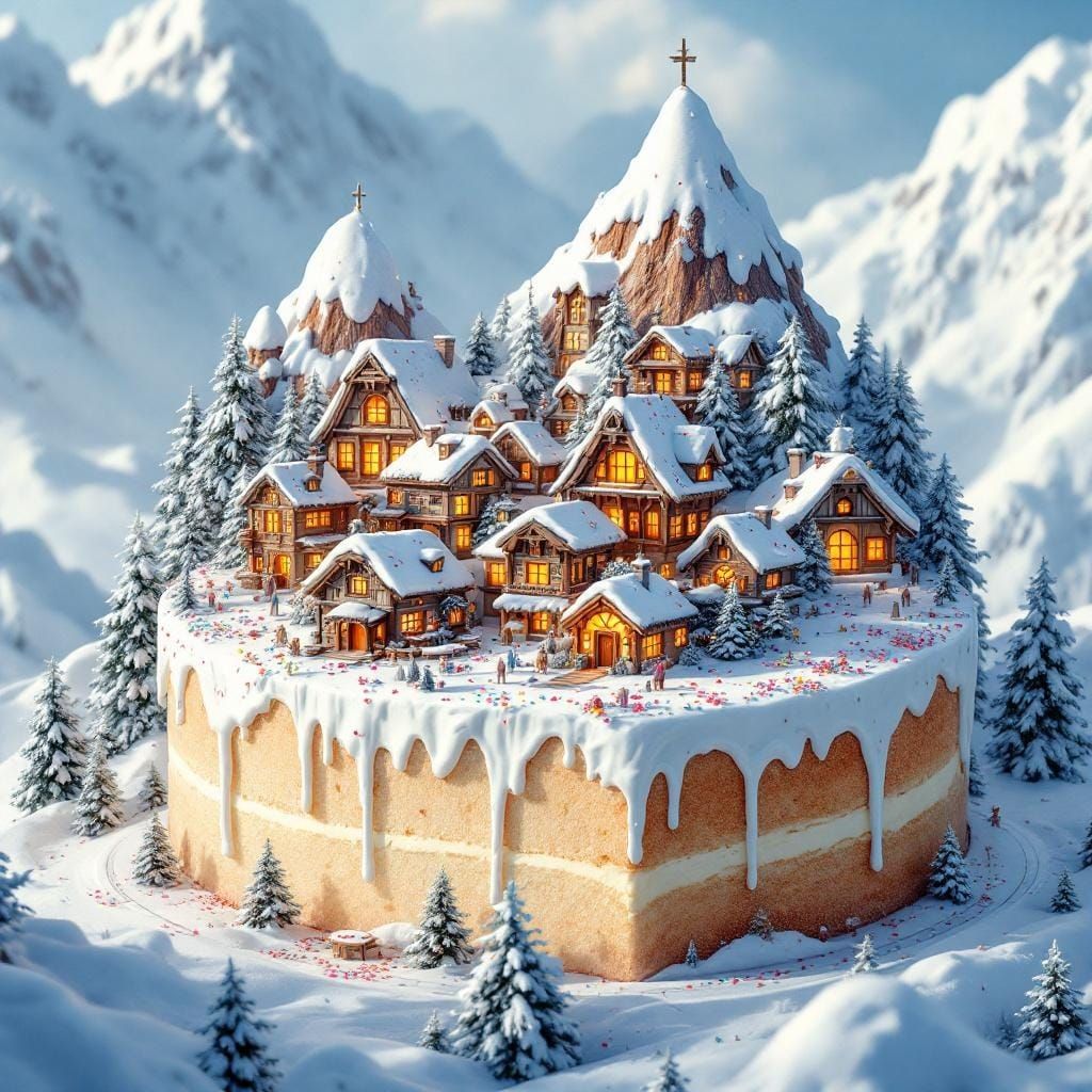 Snowy Village Atop Cake, Astral Cosmic Style