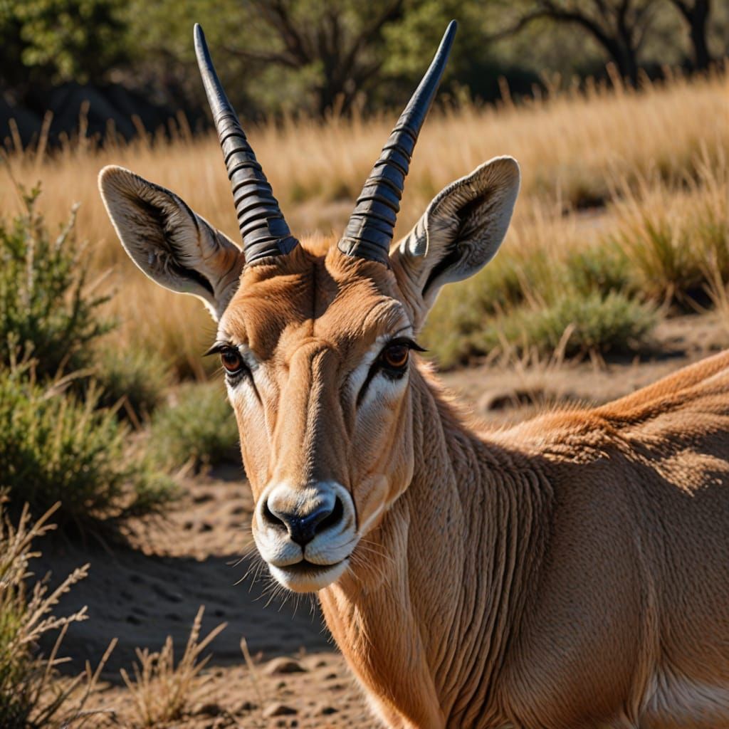Hyper realistic closeup portrait of an antelope in its natural environment.