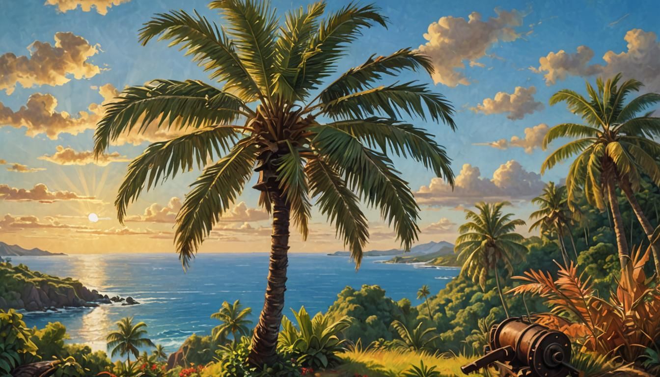 Palm Tree and Cannon on Tropical Island Hill