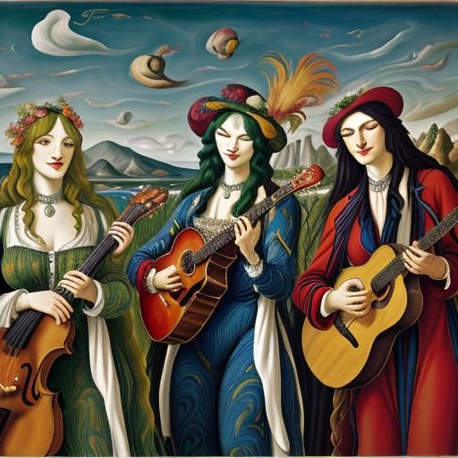 Musicians in a Colorful Landscape Painting