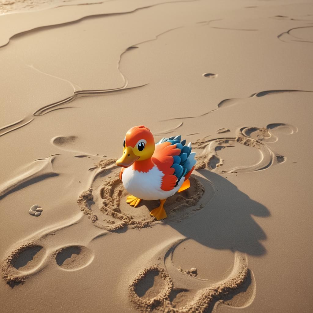 Fire Duck Pokémon on Beach: Pixar-Style 3D Art