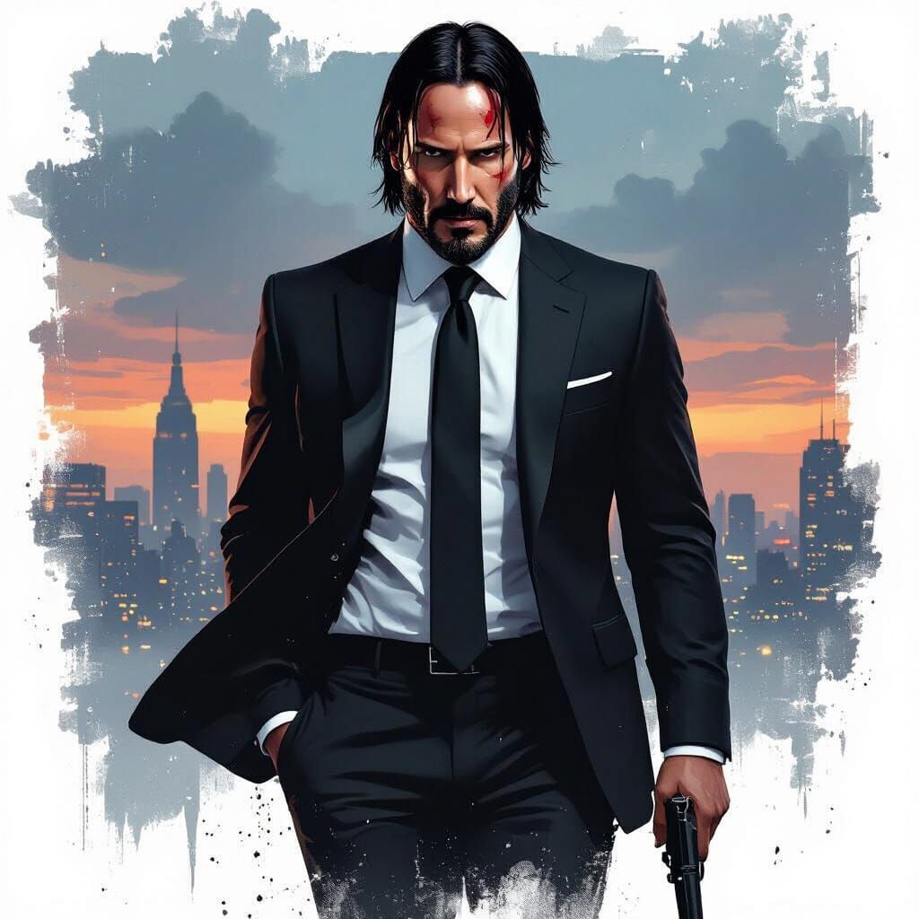 John Wick in Black Suit, Gritty Cyberpunk Cityscape