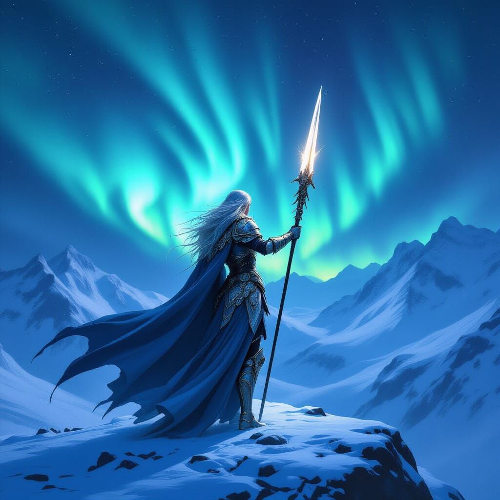 Valkyrie on Snowy Mountain Under Aurora Borealis