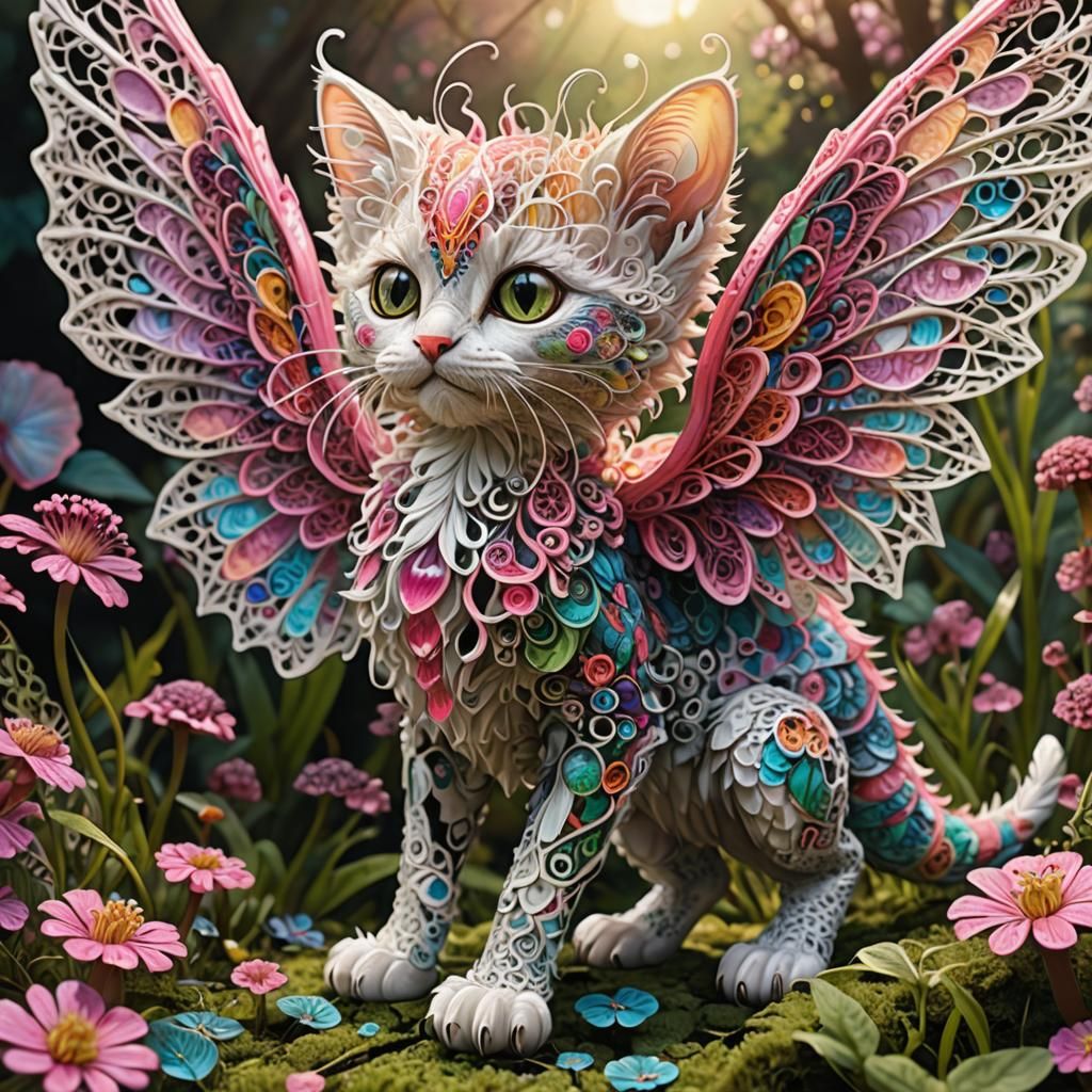 Winged Kitten-Dragon Hybrid with Fractal Mushrooms