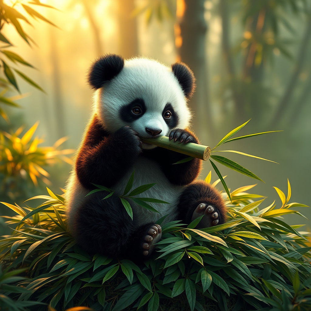 Baby Panda Munching Bamboo in Dreamlike Forest