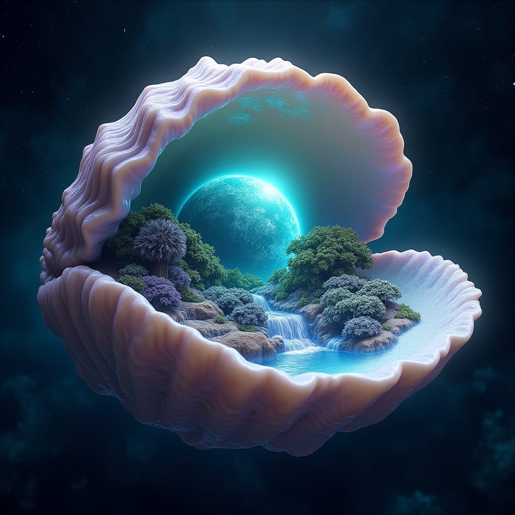 Mystical Planet Inside a Clam Shell: Fantasy Art