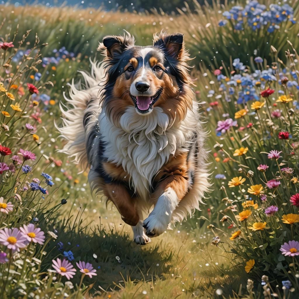 Shetland Sheepdog Splash Art in Wildflower Field