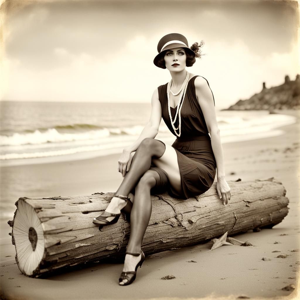 1920s Style Woman Posing Seductively on Beach