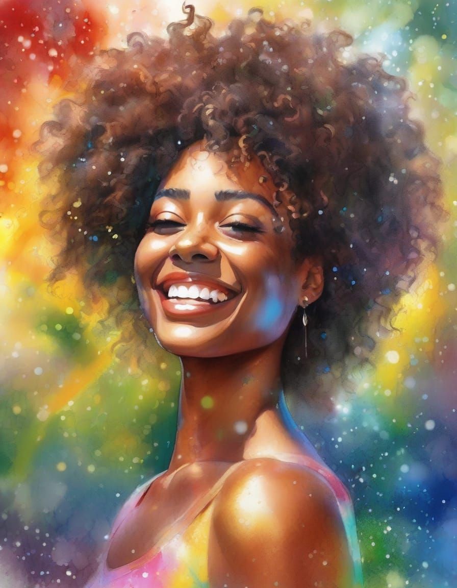 Smiling Woman Dancing in Vibrant Forest in Watercolour Style