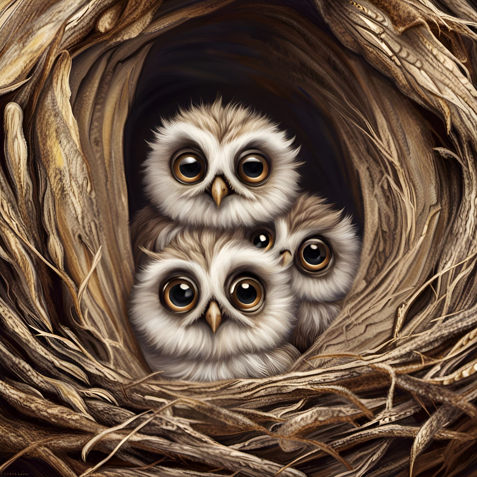 Cute Baby Owls in Nest: Photorealistic Image