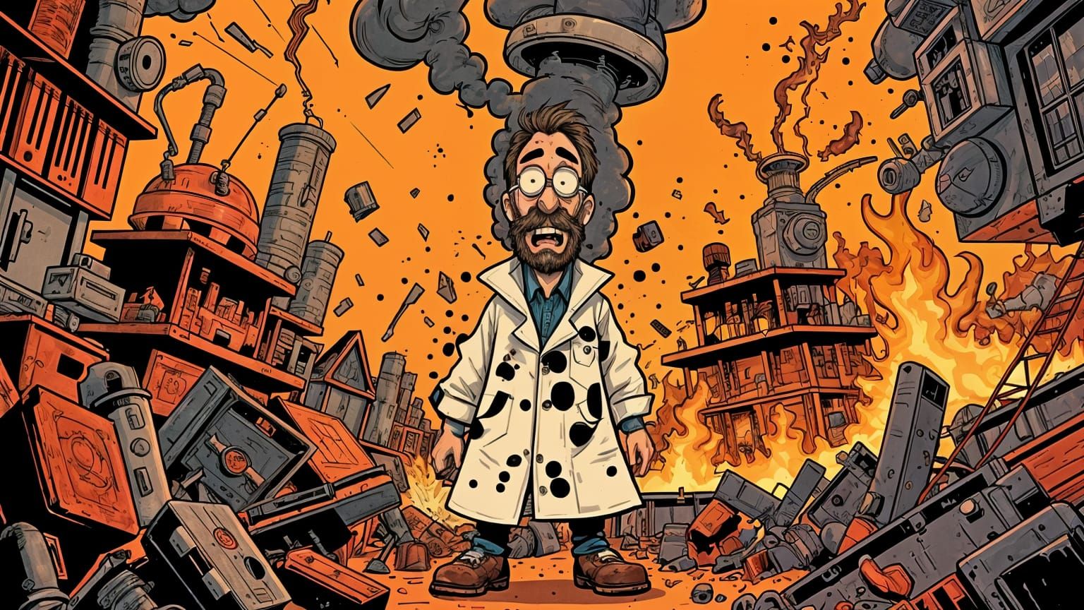 Soot-Covered Scientist After Lab Explosion, Comic Style