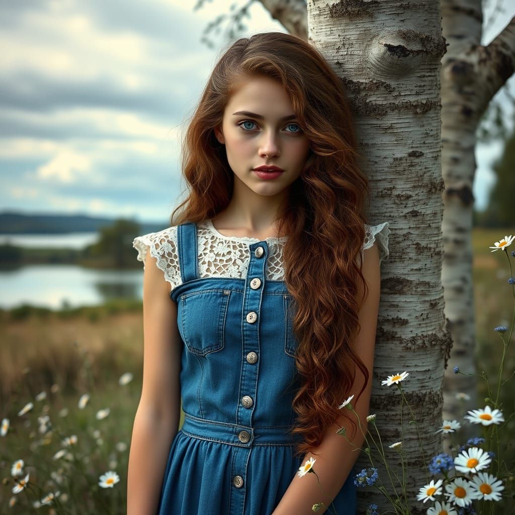 Romantic Portrait of Woman by Birch Tree