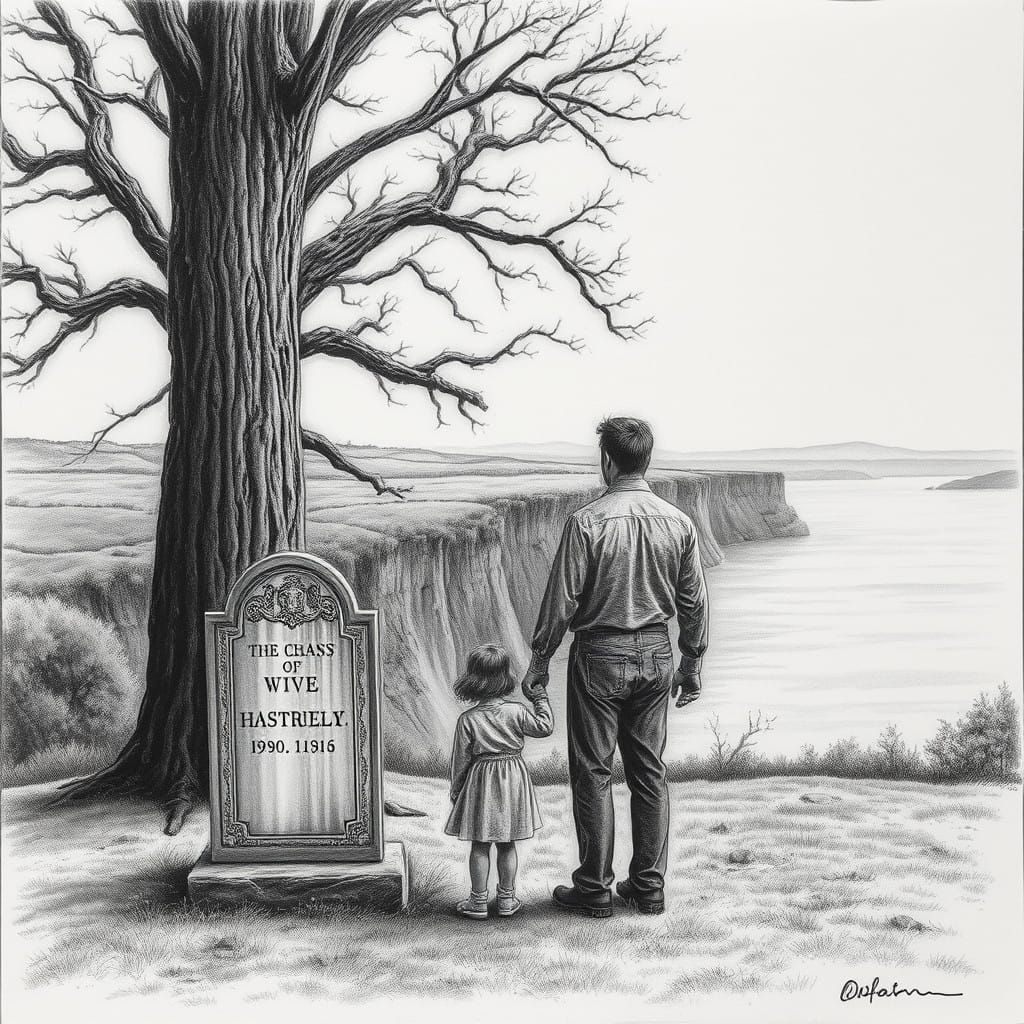 Grieving Father Stands Beside Wife's Tombstone Amidst a Haun...