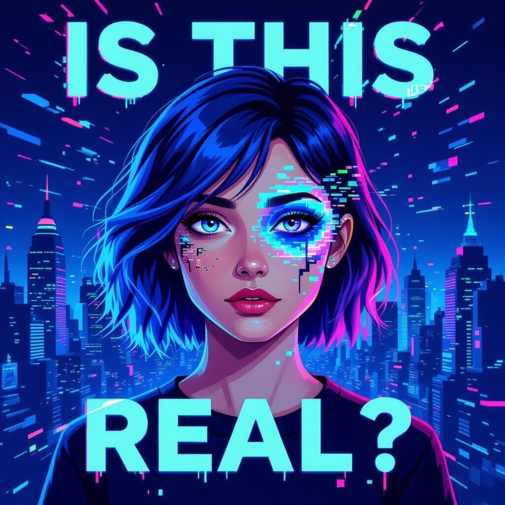 Cyberpunk Woman's Face Glitching into Digital Distortion