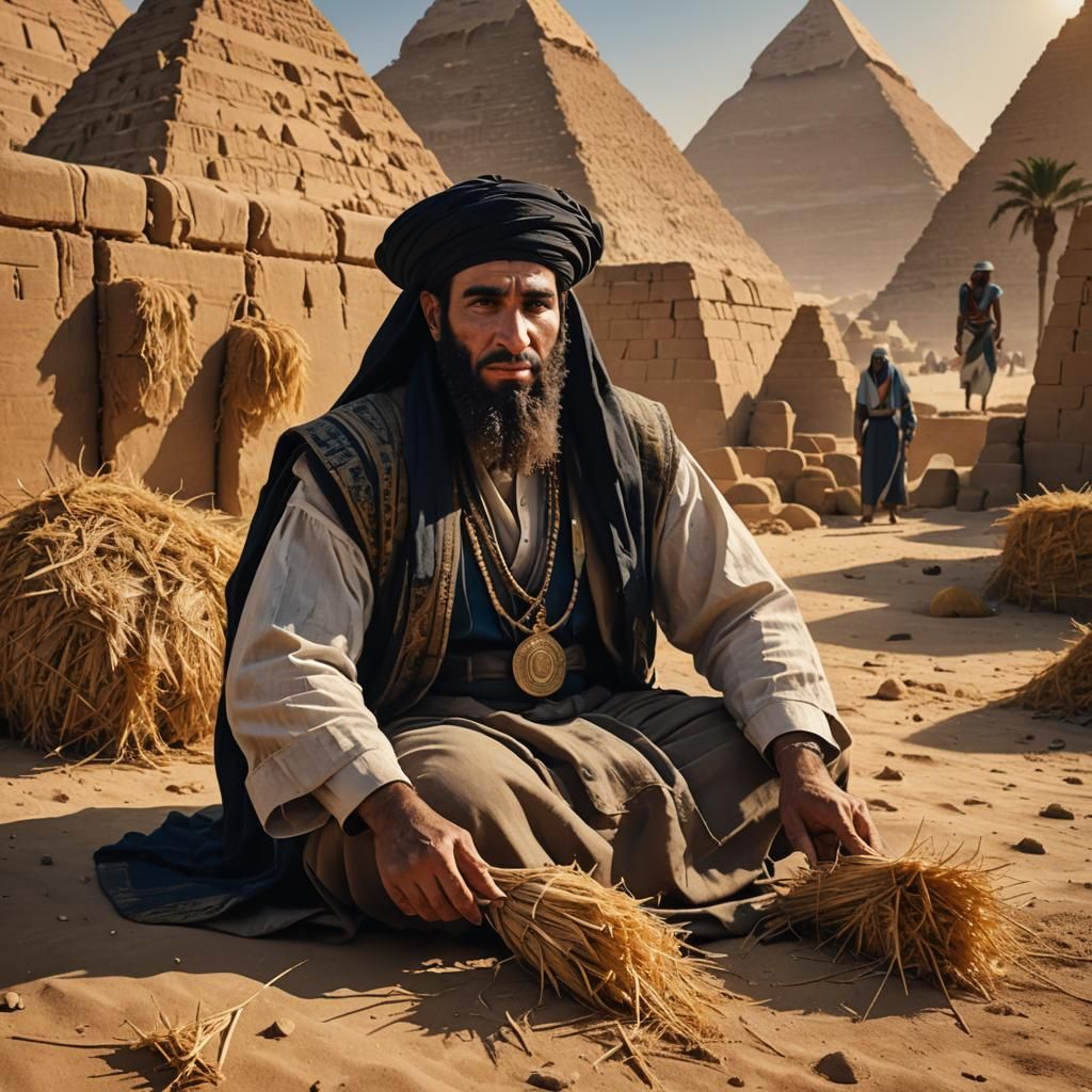Egyptian Scene: Traditional Man Collects Hay Near Pyramids