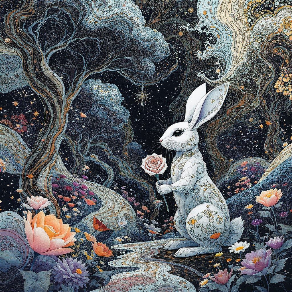 Paper Rabbit with Rose in Abstract Vector Art Style