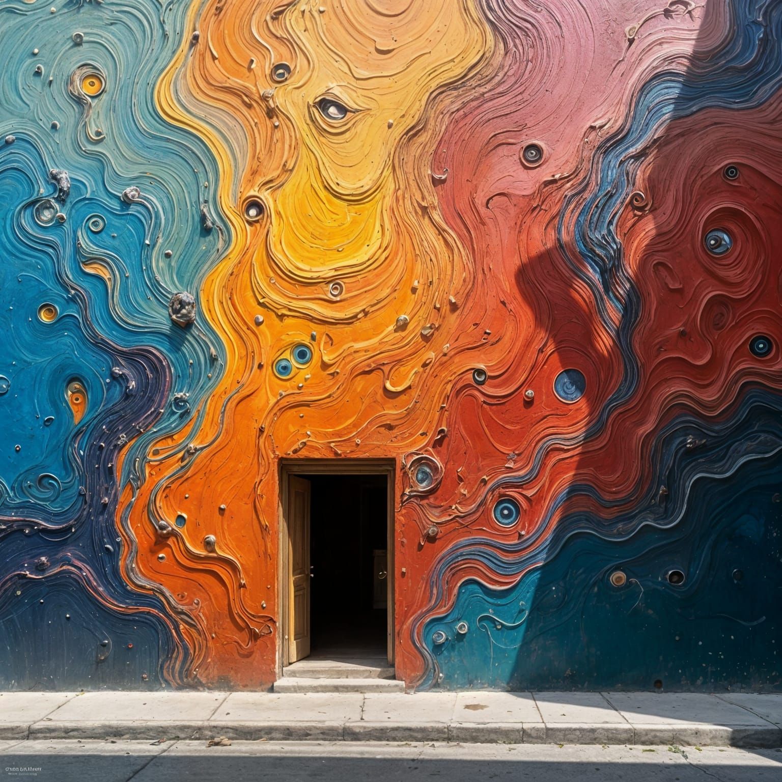 Vibrant Abstract Mural With Faded Shadow and Hidden Faces