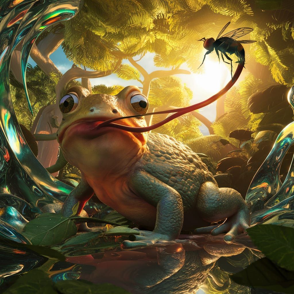 Fantastical Toad Captures Fly in Sunlit Forest