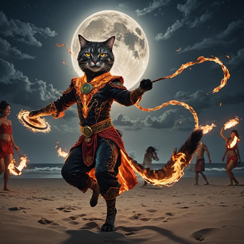 Fiery Cat Dancing on Beach Under Moonlight