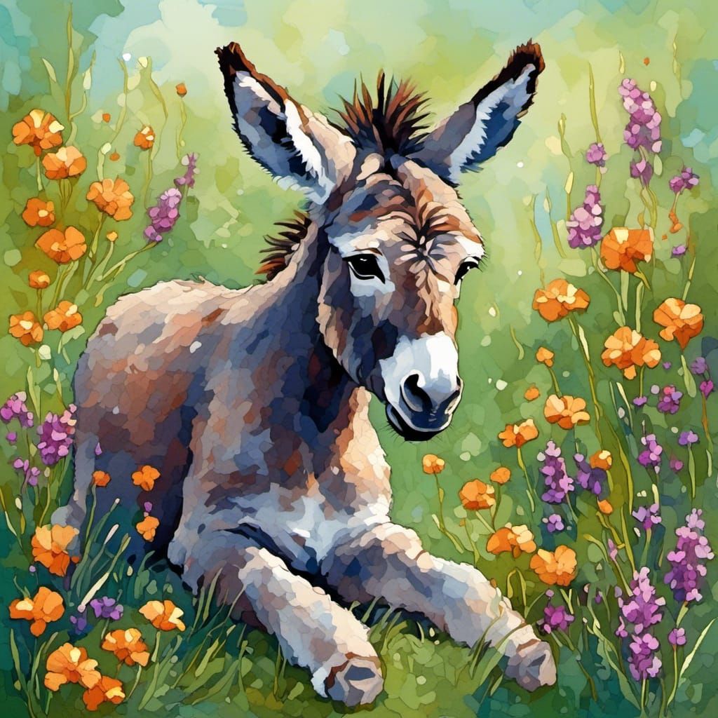 Whimsical Chibi Donkey in Vibrant Meadow