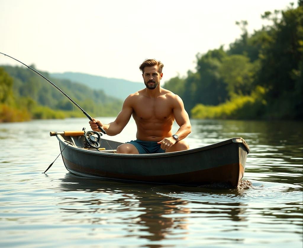 Muscular Man Fishing on Tranquil River in Daylight