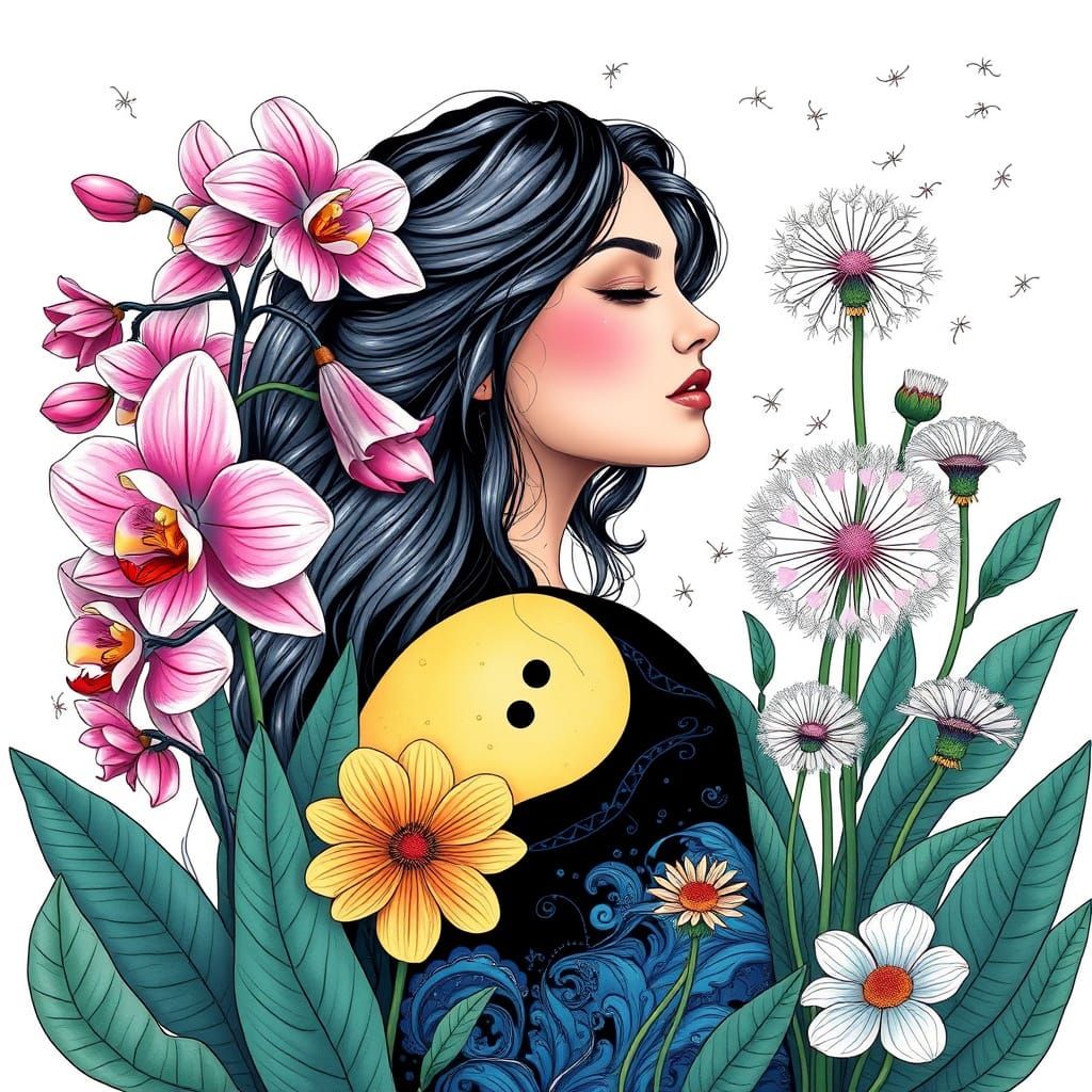 Yin-Yang Woman Surrounded by Contrasting Flora