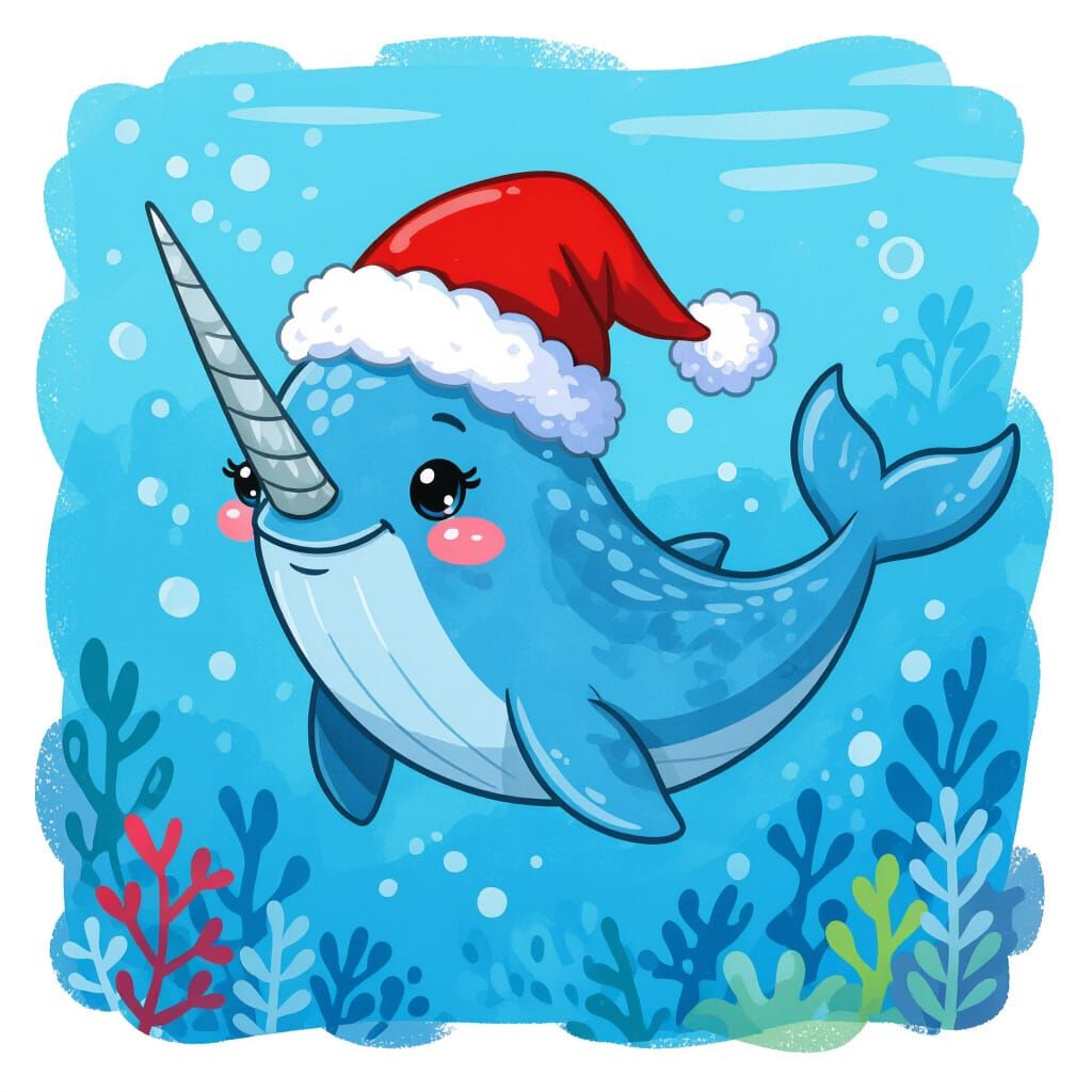 Cheerful Narwhal in Santa Hat, Watercolor Illustration