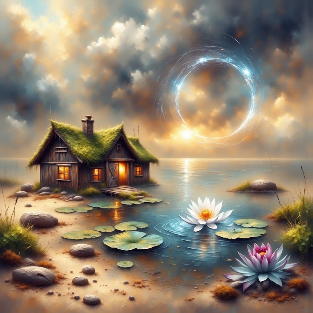 Dreamlike Cabin Scene in Impasto Style