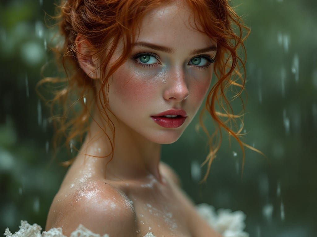 Young Redhead in Victorian Undergarments Caught in Rain Show...