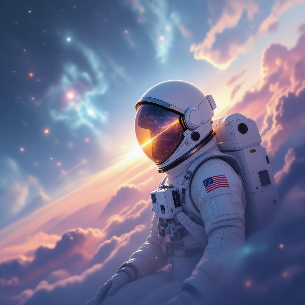Astronaut Adrift in Cosmic Nebula, Helmet Reflects Galaxies