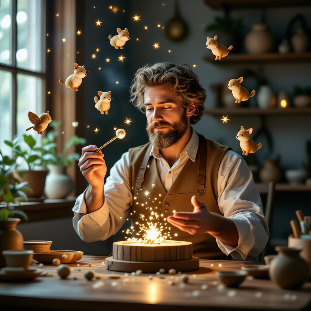 Whimsical Wood Carver Creating Floating Animal Figurines