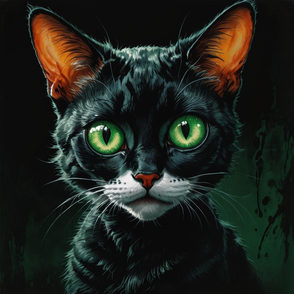 Eerie Chibi Cat Girl Portrait with Green Eyes