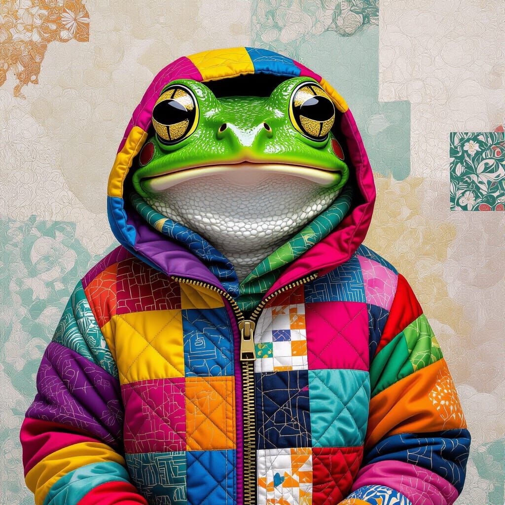 Surprised Frog in Quilted Clothing, Mixed Media Art
