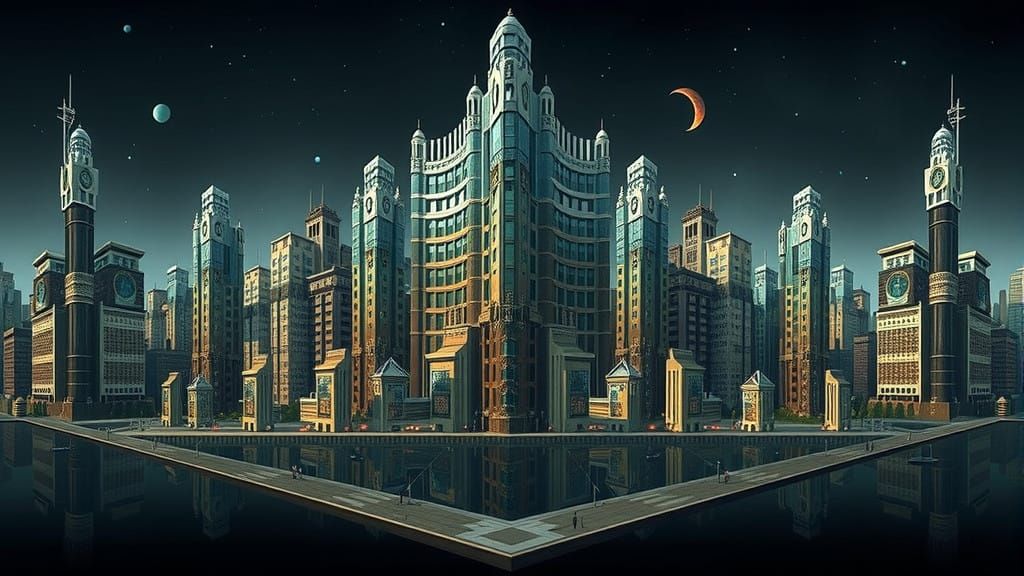 Surreal Art Deco Cityscape in Atompunk Style