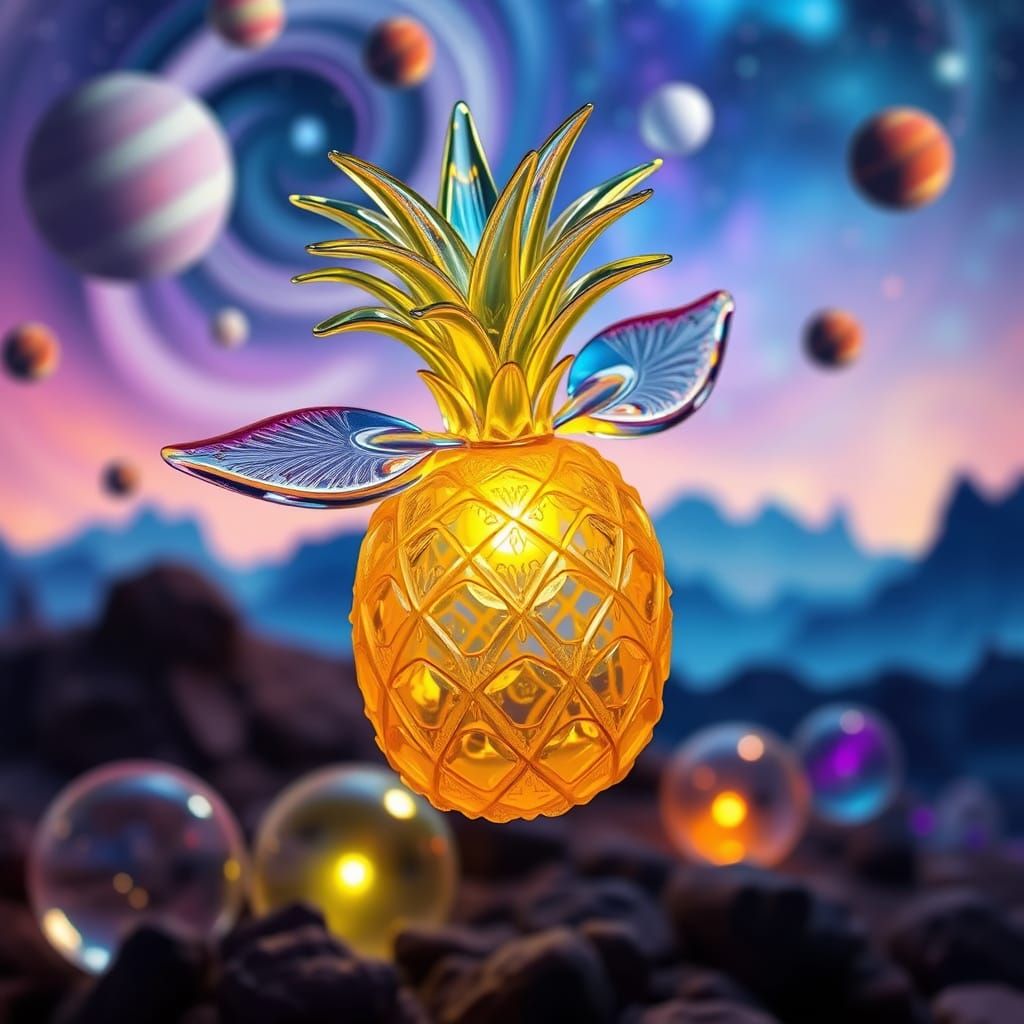 Glass Pineapple Soars Through Cosmic Dreamscape
