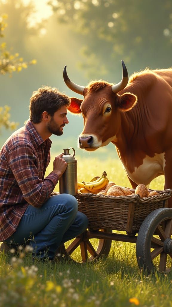 Man Shares Morning Bounty with a Curious Cow in a Peaceful L...