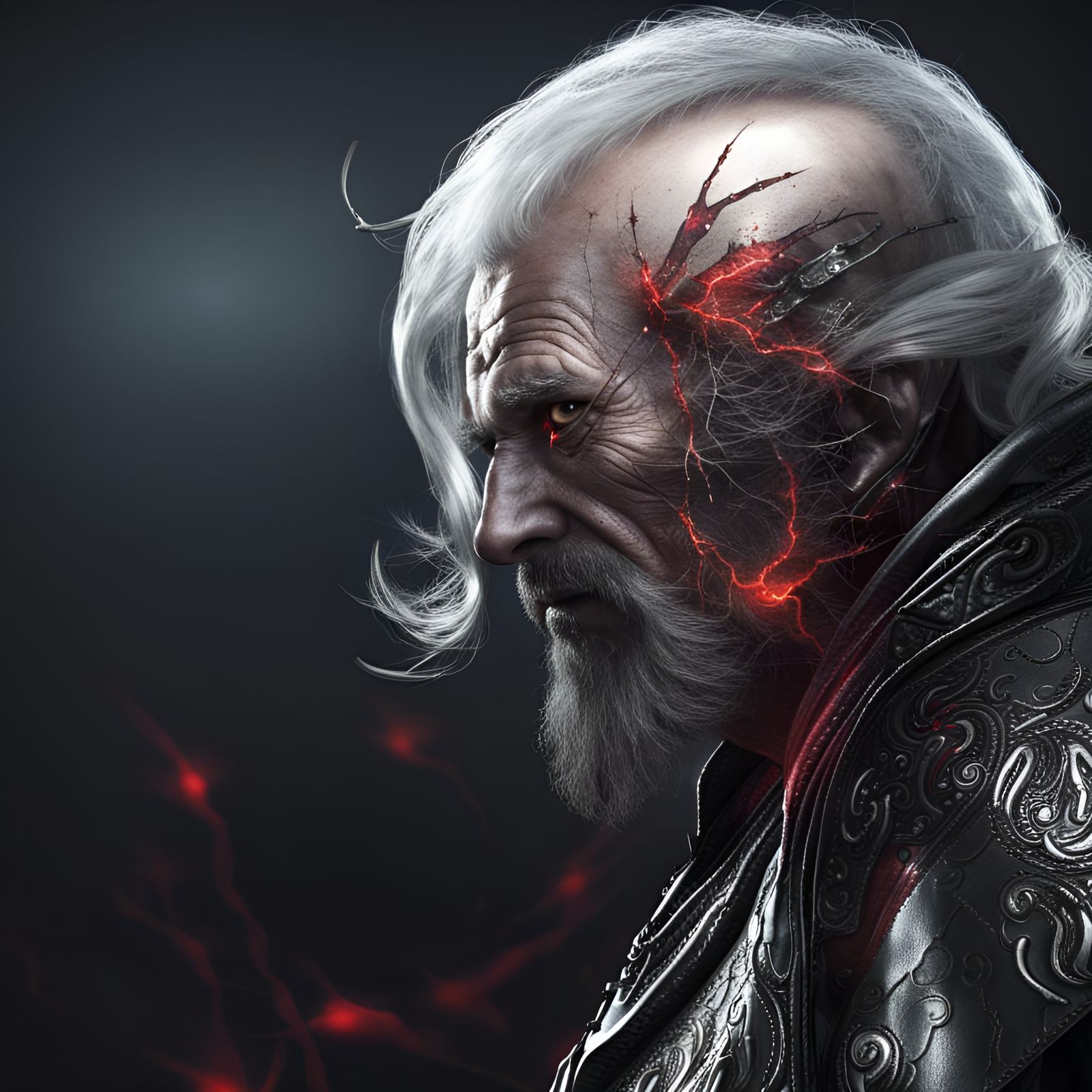 evil wizard warlord with grey beard and red lightning in his eyes wearing a black leather robe, holding magic glowing en...