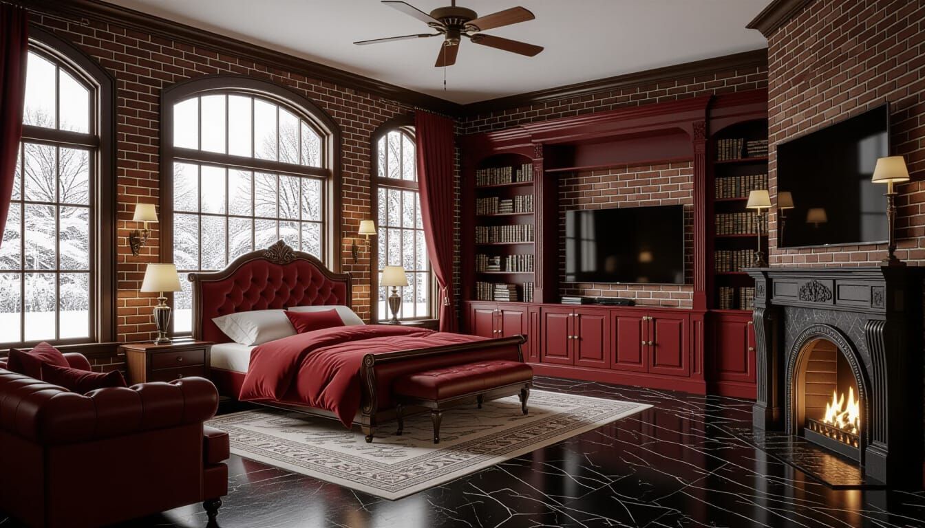 Victorian Bedroom with Fireplace and Snowy View