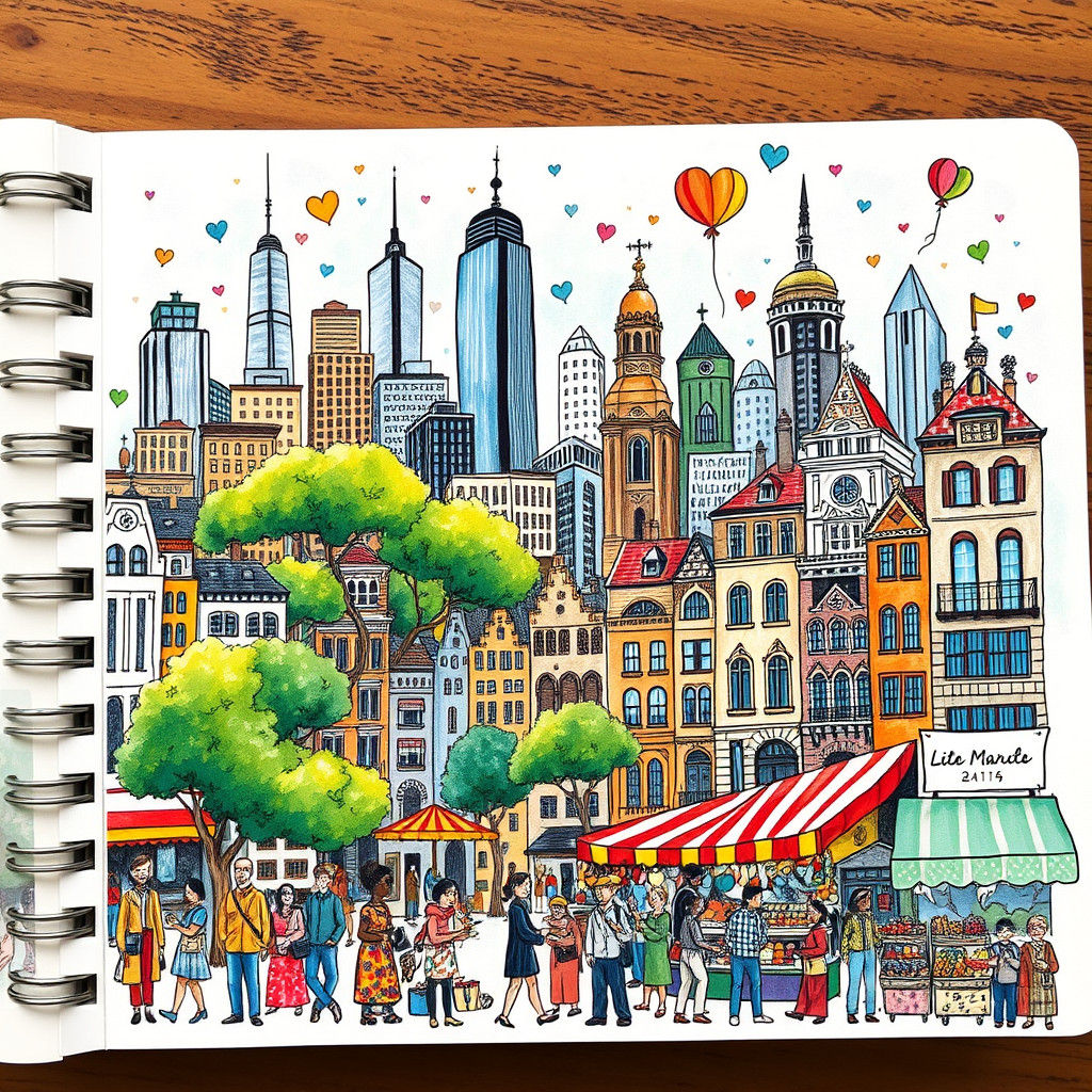 Whimsical Cityscape Illustration in Mixed Media Style